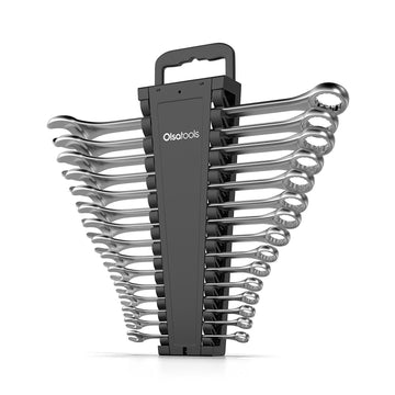 Portable wrench organizer holding up to 15 wrenches for easy transport.
